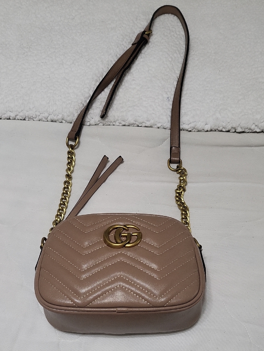 Beige Quilted Shoulder Bag with Gold Accent